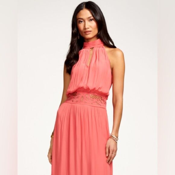 RAMY BROOK SIZE L Annette Halter Midi Dress In Punch PINK eyelet embroidered - Picture 1 of 11